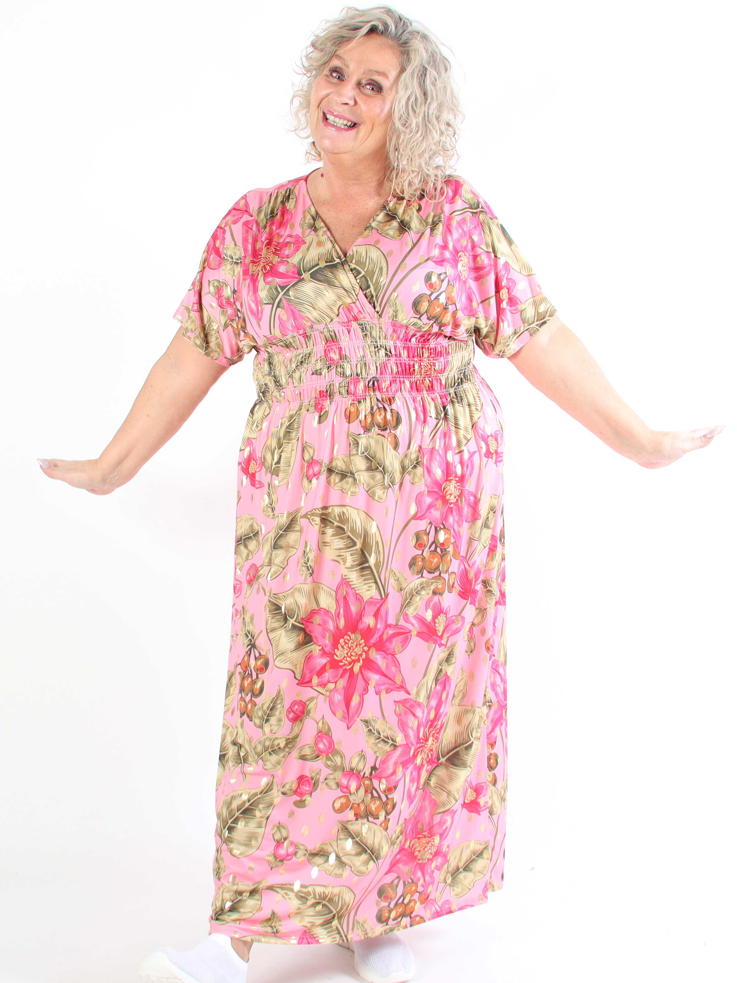 Pams Berry - Lang plus size elastisk kjole med smock i livet